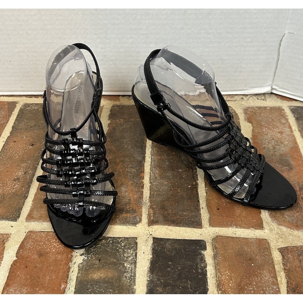 Naturalizer Black High Heel Sandal Wedge Cage Strappy Open Toe Women 10